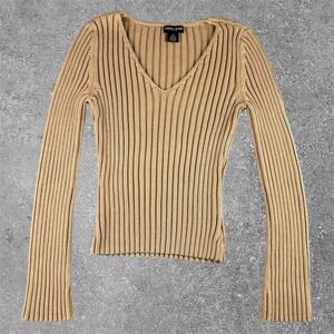 Vintage Guess Jeans Tan Ribbed V-Neck Cotton Sweater Womens Large y2k Boho Flare